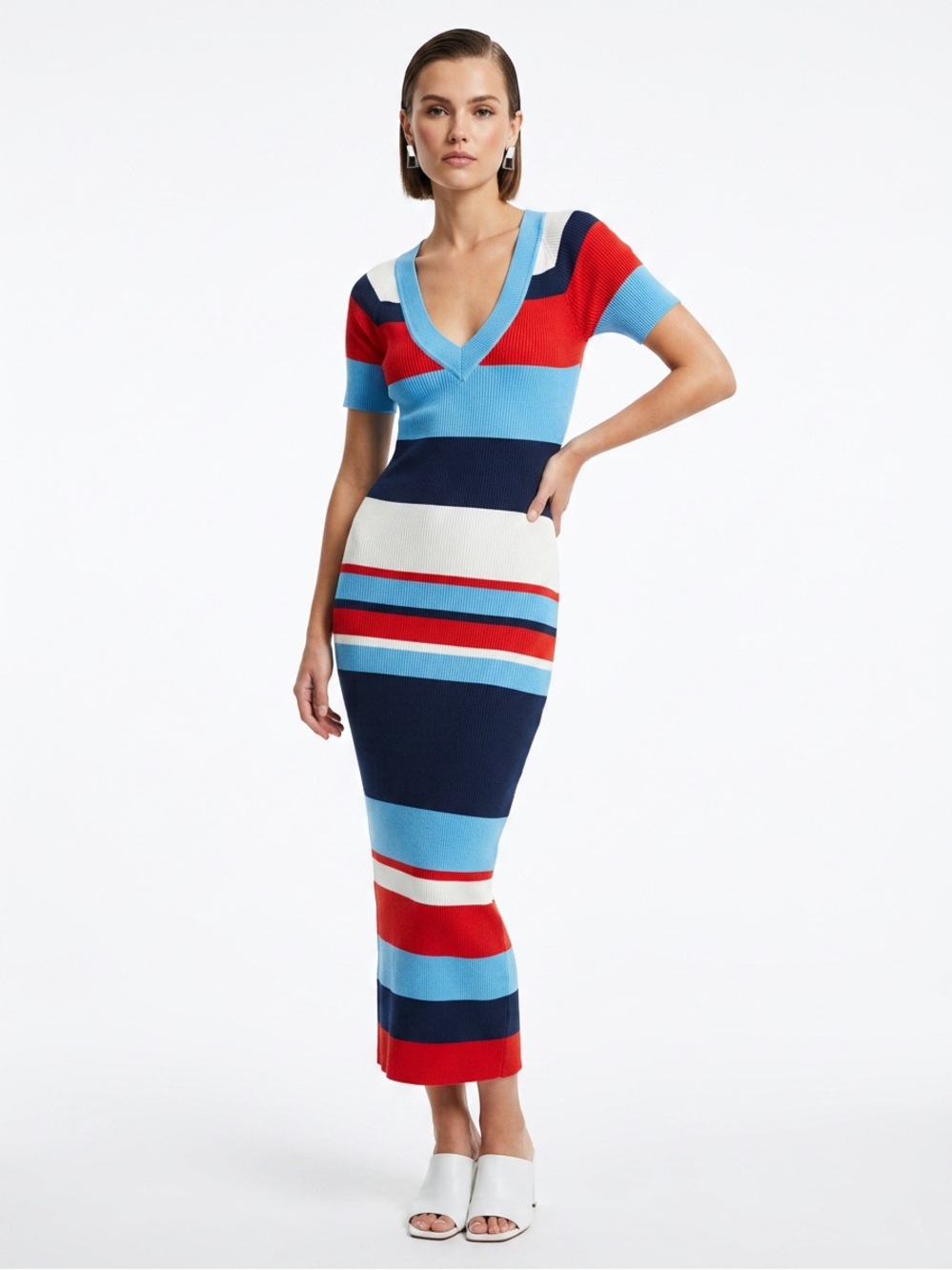 Amisu Red, Light Blue, Navy & White Striped V-Neck Maxi Dress